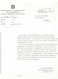 Lettera dattiloscritta di Palma Bucarelli per l’acquisto dell’opera Deformazione assonometrica, Roma, 23 luglio 1970